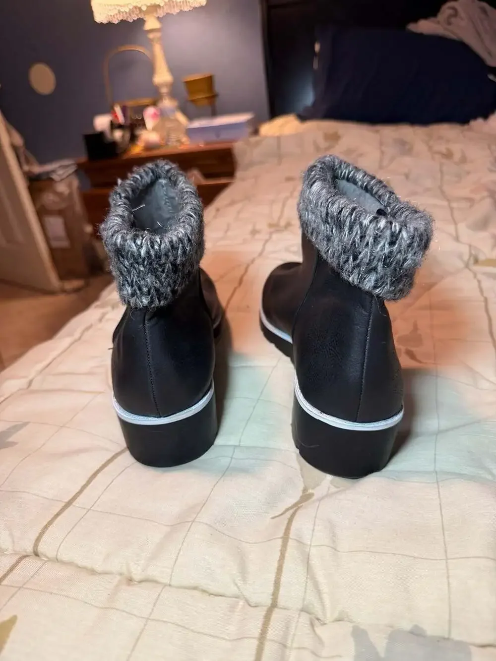 Adrienne Vittadini Sport Trapeza Black Faux Leather Wedge Ankle Boots  Knit Cuff